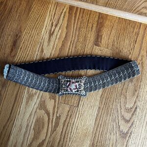 Silver‎ Metal And Elastic Link Belt With Enamel And Rhinestone Buckle Women's